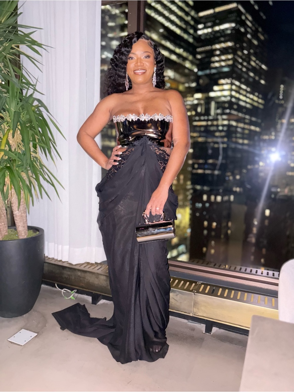 Strapless Black Maxi Evening Dress with Embellished Trim